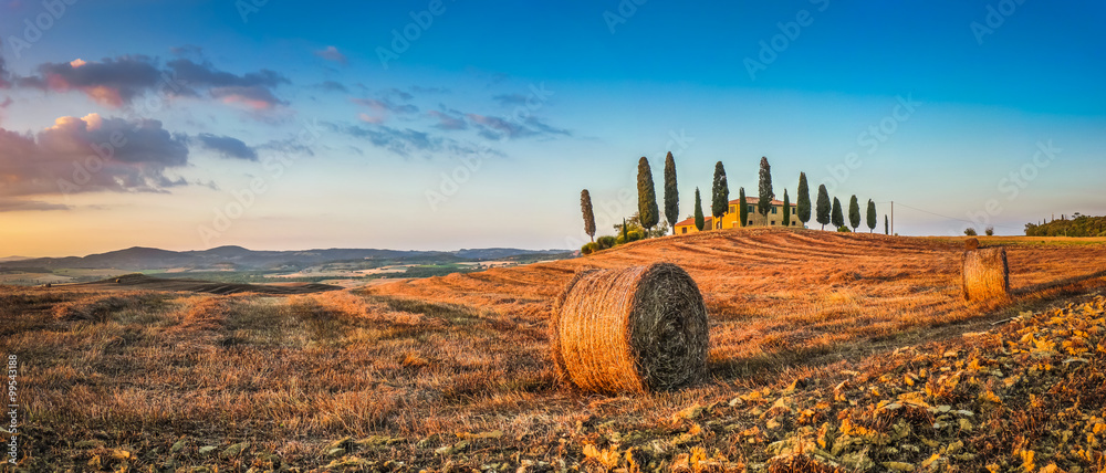 Tuscany landscape with farm house at sunset, Val d'Orcia, Italy
