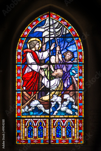 Stained glass old window in San Cristoforo church, Milan, Italy.