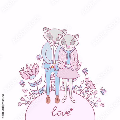 Valentine's Day doodles. Romantic hand drawn elements.Vector. Valentines day card. Cute raccoons.