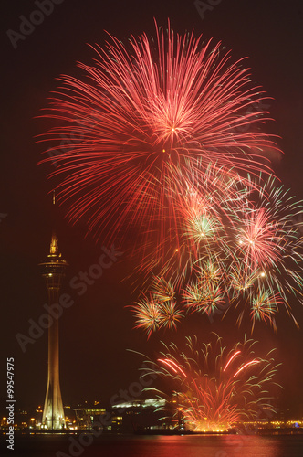 Macau Colorful Firework with landmark Macau Tower 