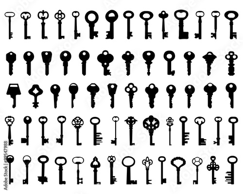 Fotografie, Tablou Set of black silhouettes of door keys, vector