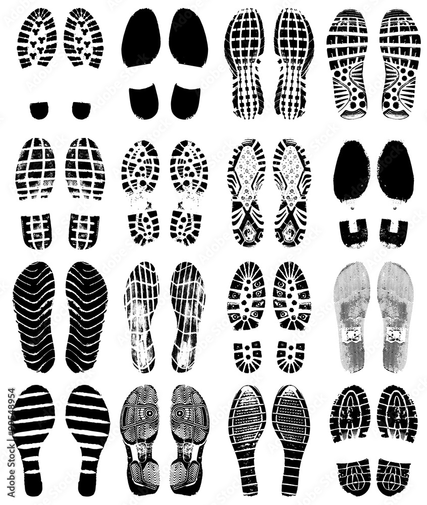 Vettoriale Stock images of footprints silhouette. Each pair of footprints  are on separate layer. Sixteen pairs of men and women footprints. Some of  them are for shoes and some for sneakers.