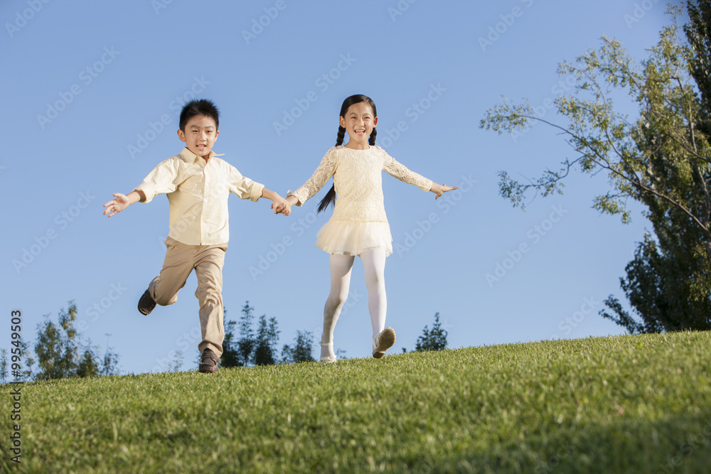 Cute little girl and boy to be flying in a park Cute little girl and boy to be flying in a park