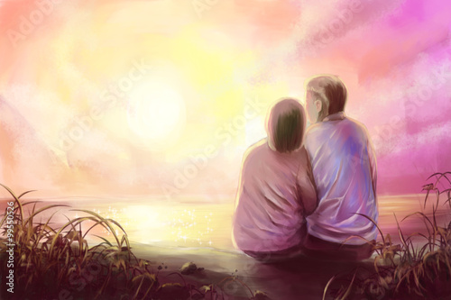 Digital painting,young couple in romantic scene with sunset