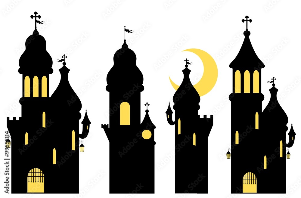 Collection of fairy tale castles. Silhouettes. Isolated on white