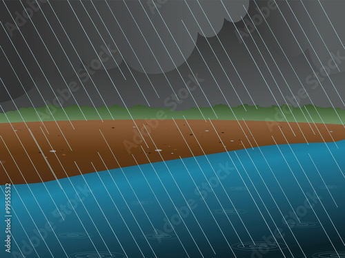 cartoon vector illustration of a rainy river
