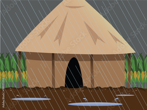 cartoon vector illustration of a rainy village
