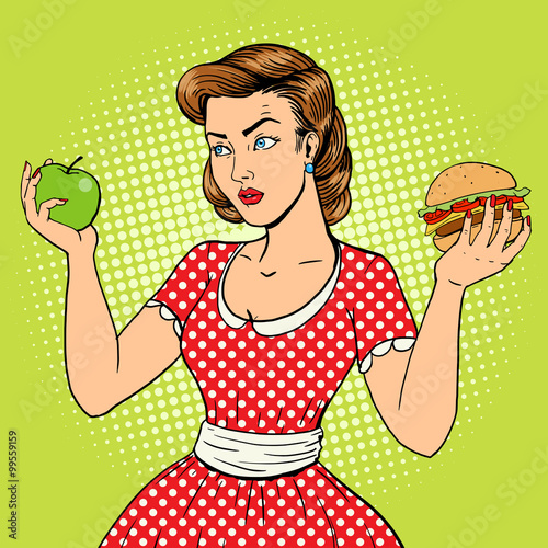 Young woman with apple and burger pop art vector