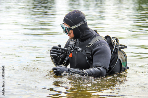 The diver out of the water in mask
