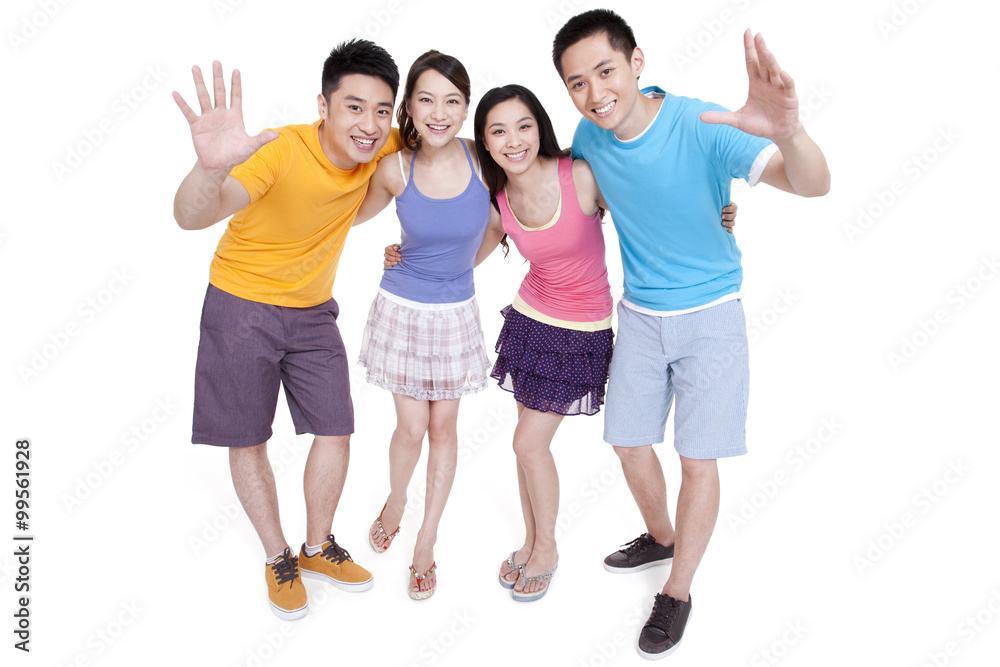 Happy young people arms around each other and waving Happy young people arms around each other and waving