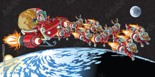 Astronaut Santa Claus and Reindeer in Orbit
