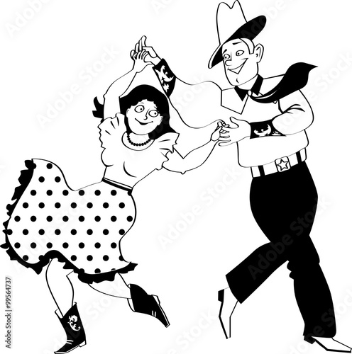 A couple dressed in traditional western costumes dancing square dance or contradance, EPS 8 vector line illustration, no white objects
