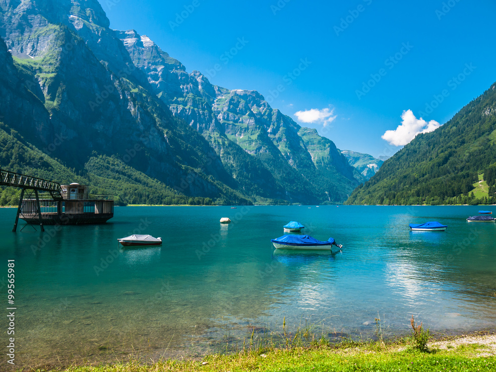 Stunning view of Kloentaler lake in Summer