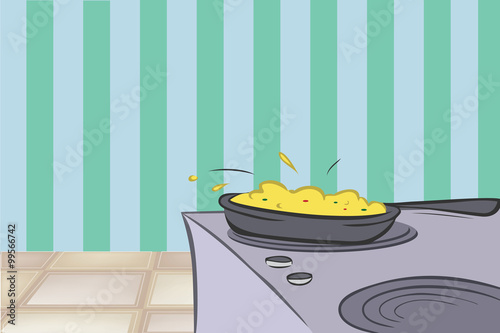 cartoon vector illustration of a skillet with eggs in kitchen