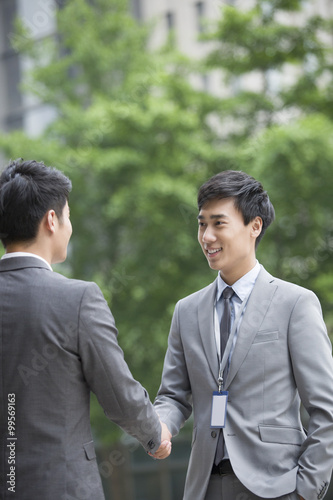 Young business person shaking hands outdoors