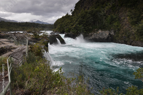 Petrohue beautiful waterfalls with Osorno Volcano behind  Chile