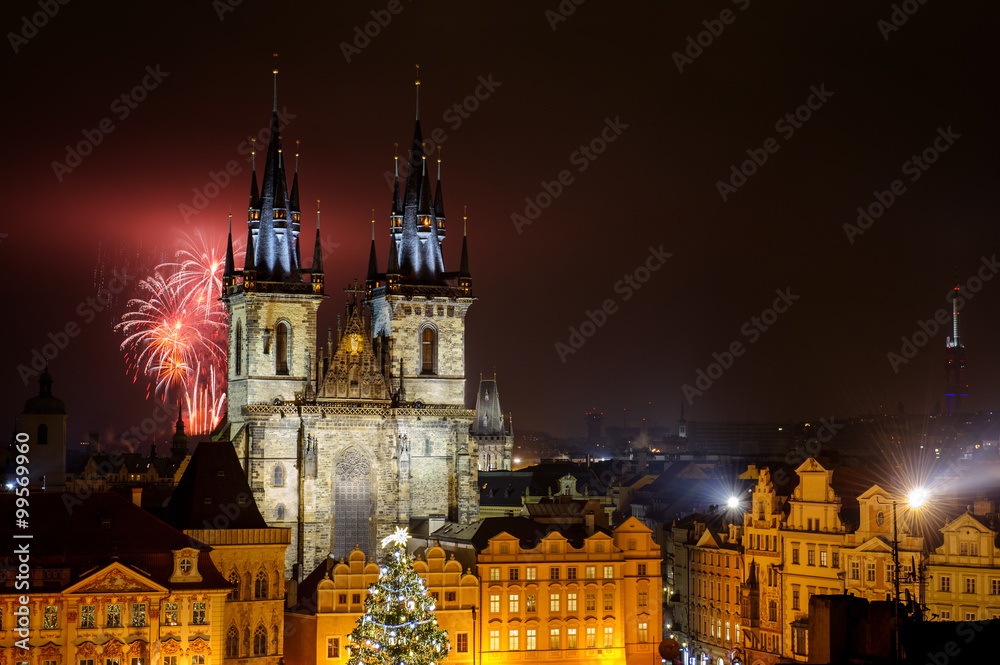 Fototapeta premium Prague old town with fireworks in the night