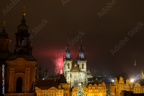Prague old town with fireworks in the night