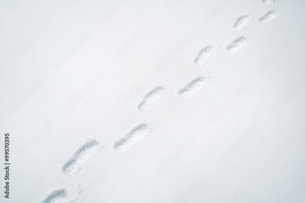 Obraz premium Shoe prints in fresh snow on snowy city street.