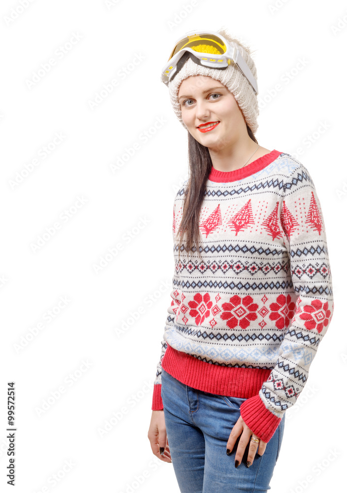 Beautiful woman wearing goggles in winter, isolated on white Beautiful woman wearing goggles in winter, isolated on white