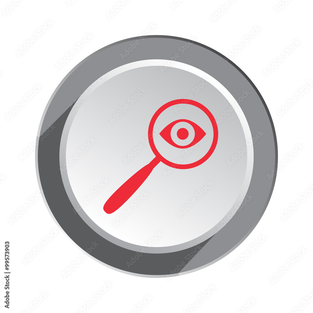 Magnifier, glass, lens and eye icon. Zoom tool, search, navigation symbol. Red sign on round white-gray button. Vector Magnifier, glass, lens and eye icon. Zoom tool, search, navigation symbol. Red sign on round white-gray button. Vector