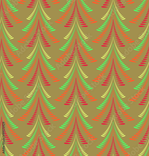 Seamless Christmas pattern. Stylized ornament of trees, firs on olive green background. Winter, New Year, nature theme texture. Vector