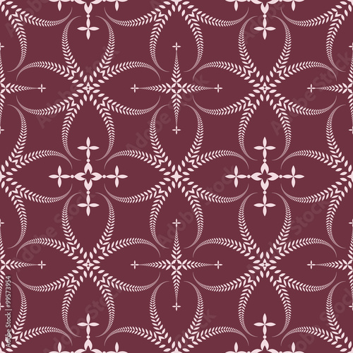 Religion seamless pattern. Laurel wreath, lace view texture with cross. Ceremonial background. Vinous, rose colored. Vector 
