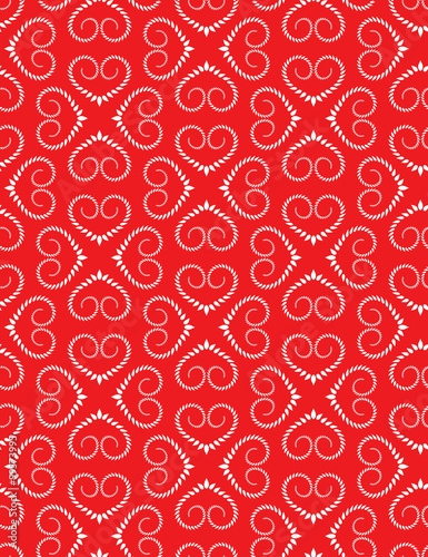 Seamless heart pattern. Vintage swirl, twist texture. Stylized ornament of laurel leaves. White figures on red background. Love, birthday, Valentine day theme. Vector