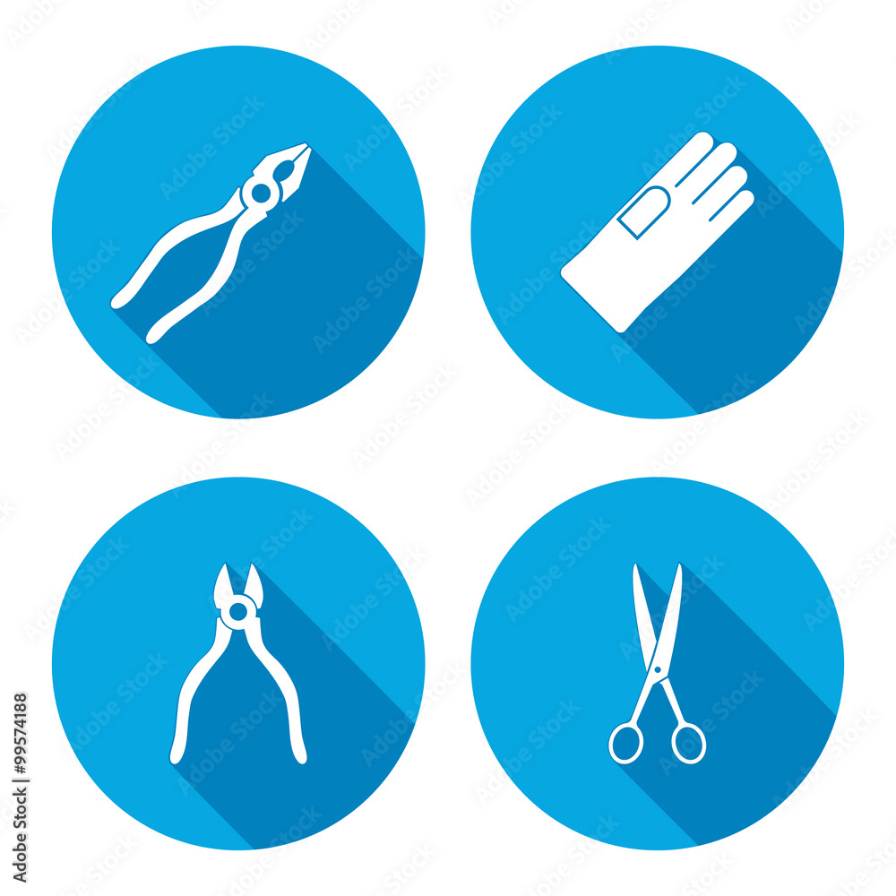 Pliers, scissors, glove, tongs icons set. Repair, fix tool symbol. Round button with long shadow. Vector Pliers, scissors, glove, tongs icons set. Repair, fix tool symbol. Round button with long shadow. Vector