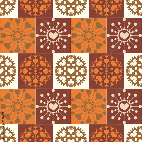 Christmas seamless pattern. Heart snowflakes. New Year, Valentine day, birthday texture. Gold, brown, orange colored. Vector