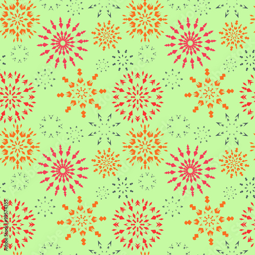 Christmas seamless pattern. Red, orange, gray snowflakes on light green background. Winter texture. Fruit snow. Vector