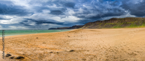 Panorama of beach by the Arctic sea in Iceland