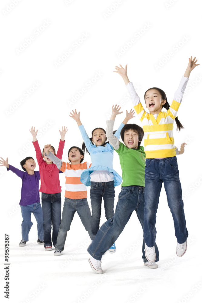 A group of children jumping up with excitement A group of children jumping up with excitement