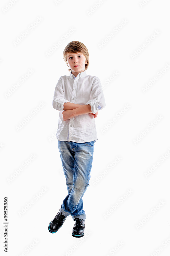 the young boy as business man, in white shirt, blue jeans, black shoes  Stock Photo | Adobe Stock