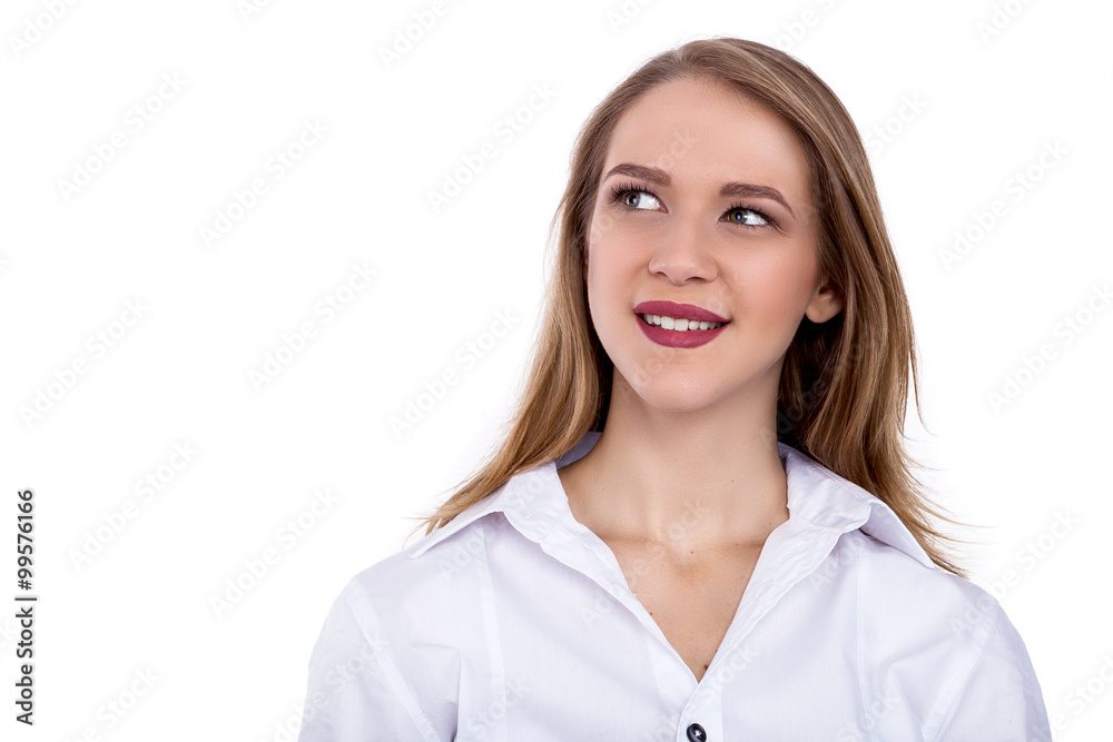 Close-up of a beautiful young woman smiling on white background - Stock Image Close-up of a beautiful young woman smiling on white background - Stock Image