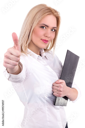 Success woman thumbs up for Agreeing