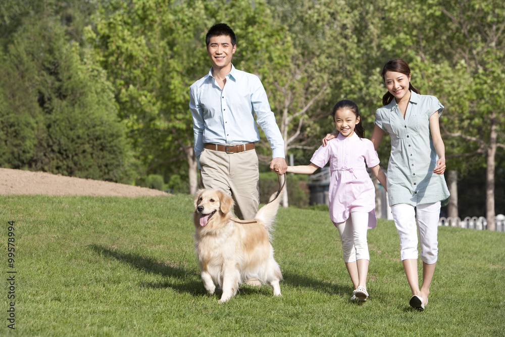 Happy family walking dog in the park
