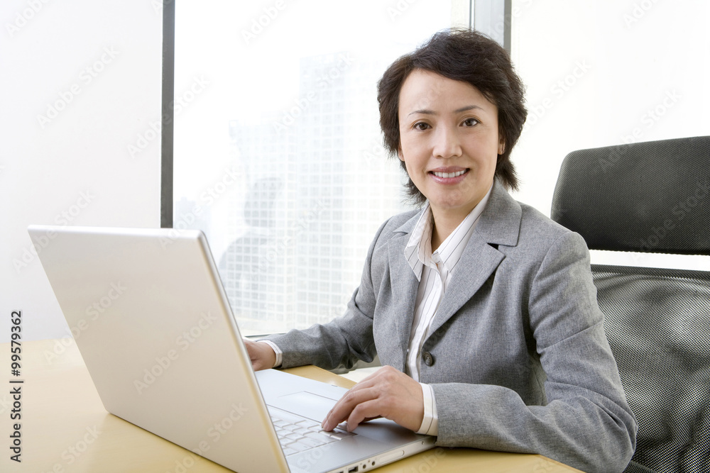 Businesswoman uses laptop in a well-lit, sunny office. Businesswoman uses laptop in a well-lit, sunny office.
