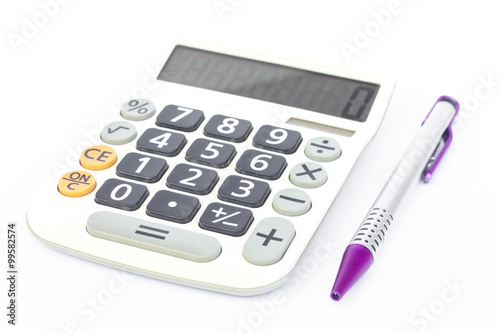 Calculator with pen isolated on white background