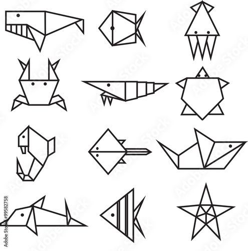 Under the sea origami, animal icon set