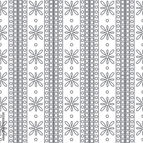 Seamless vector pattern. Symmetrical geometric black and white background with squares and flowers. Decorative ornament.