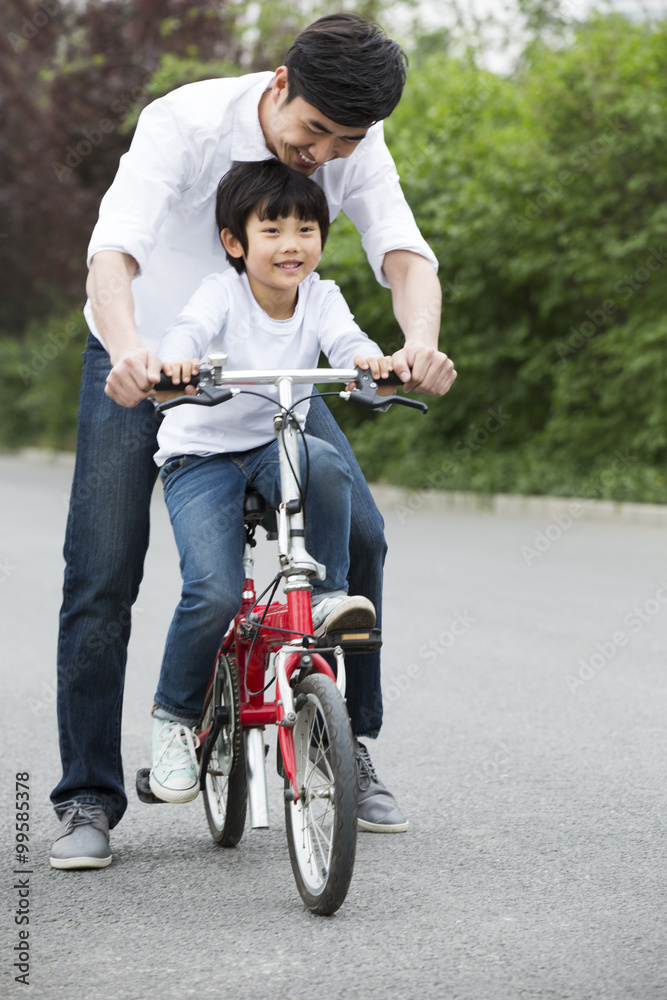 Obraz premium Father teaching son to ride a bicycle