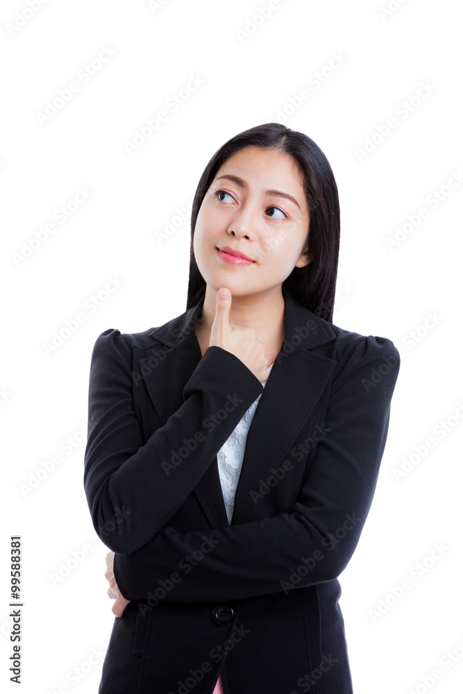 Thinking woman with her thumb on her chin. Isolated on white. Thinking woman with her thumb on her chin. Isolated on white.