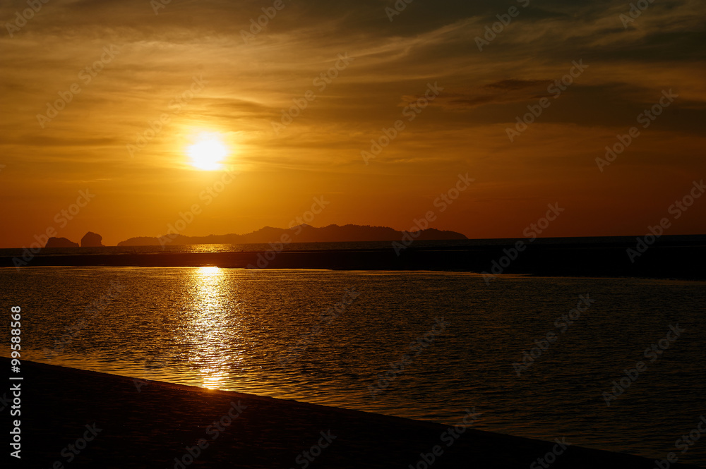 Picturesque sea view with sunset and horizon line in Andaman sea near Phuket