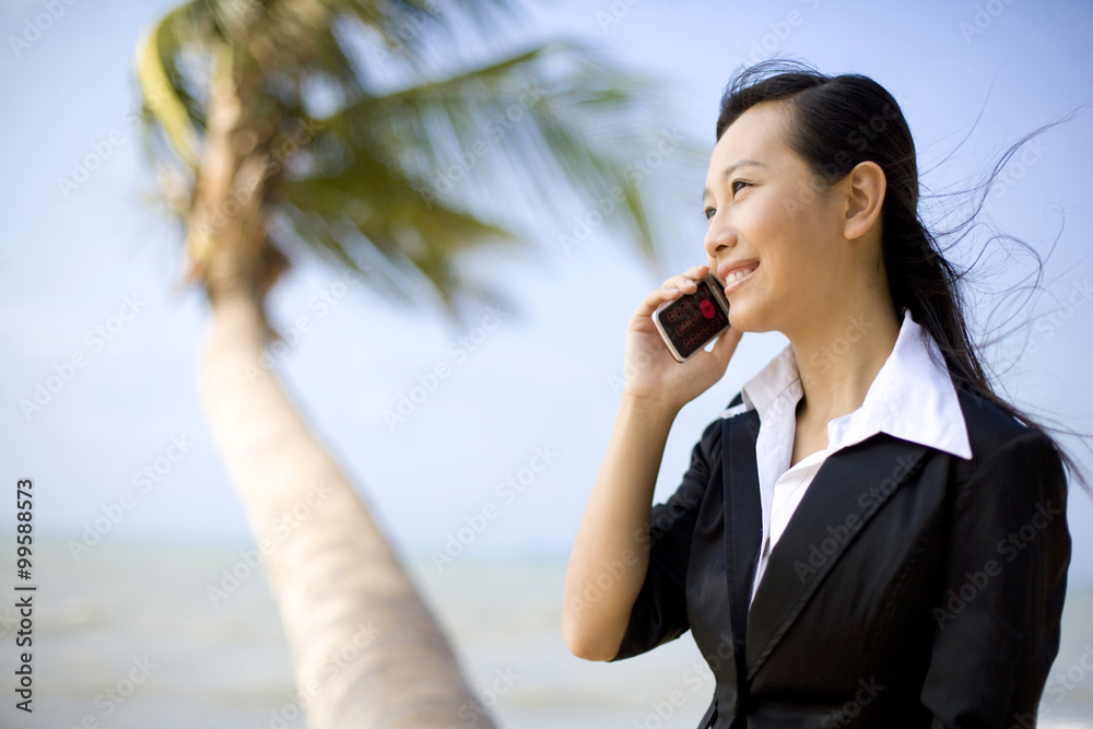 Businesswoman on the beach with her mobile phone Businesswoman on the beach with her mobile phone
