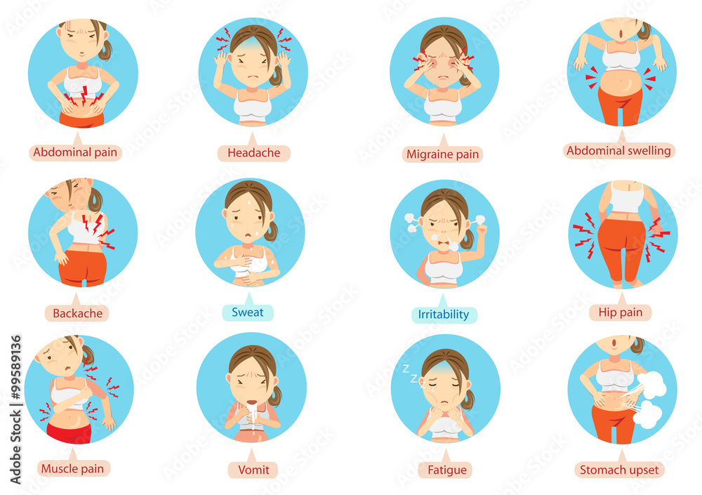 Menstrual cramps menstruation pain or stomach  character of the  women in the circle vector illustration. Stock Vector | Adobe Stock