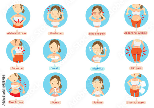 Menstrual cramps menstruation pain or stomach ache.Cartoon character of the women in the circle vector illustration.