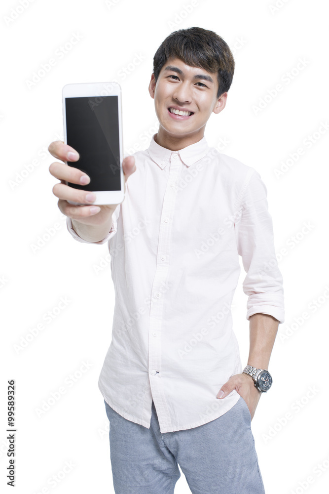 Young man showing smart phone Young man showing smart phone