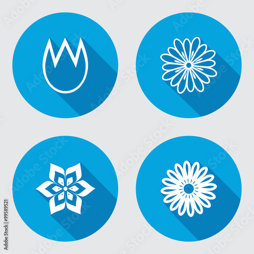 Flower icons set. Chamomile, tulip, daisy, orchid. Floral symbol. Round blue flat icon with long shadow. Vector