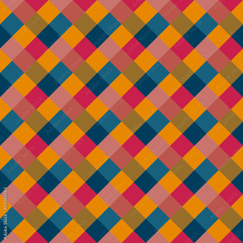 Seamless geometric checked pattern. Diagonal square, woven line. Rhombus texture. Variegated kitsch, clown, holiday colored. Vector